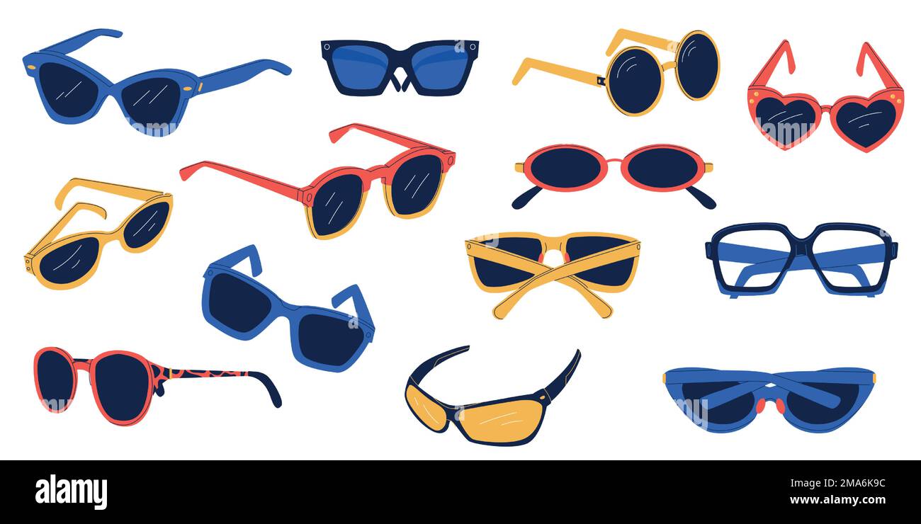 Eine andere Brille. Doodle Cartoon Sonnenbrille Plastik Metallrahmen, bunte Brille Mode Accessoires zum Sonnenschutz. Vektor isoliertes Set Stock Vektor