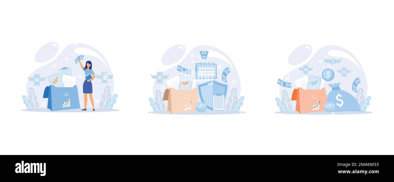 Einkünfte aus dem Investitionsportfolio in Dollar Währung, Handel mit Käuferverkäufen, Metapher für den Börsenwert, Geschäftsmann-Investor oder Händler, mit dem das Portfolio ausgeglichen wird Stock Vektor