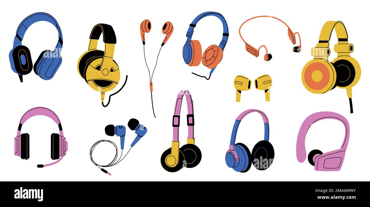 Kopfhörer-Kollektion. Kabelgebundene und kabellose Cartoon-Kopfhörer, audioelektronische Geräte für das Musikhören, modernes Gerätezubehör in flacher Ausführung Stock Vektor