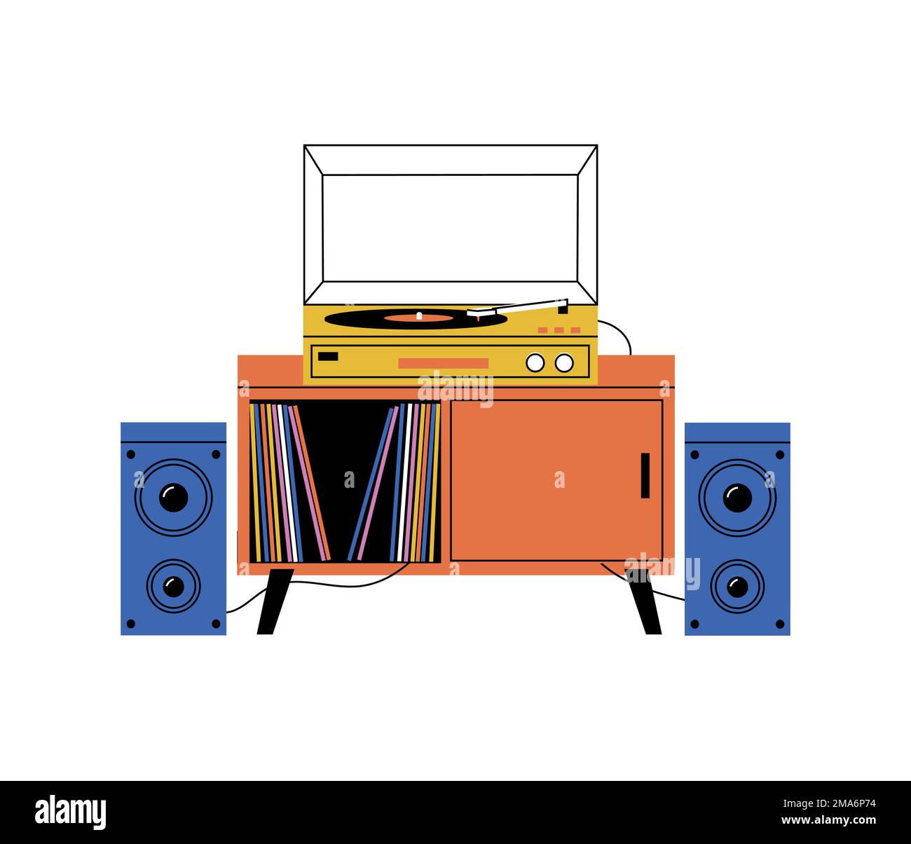 Vinyl-Player. Cartoon analoger Plattenspieler im Retro-Stil, Drehscheibe auf Sideboard, altmodisches Audiophilen-Musikgerät, Wohneinrichtung. Vektor flach Stock Vektor