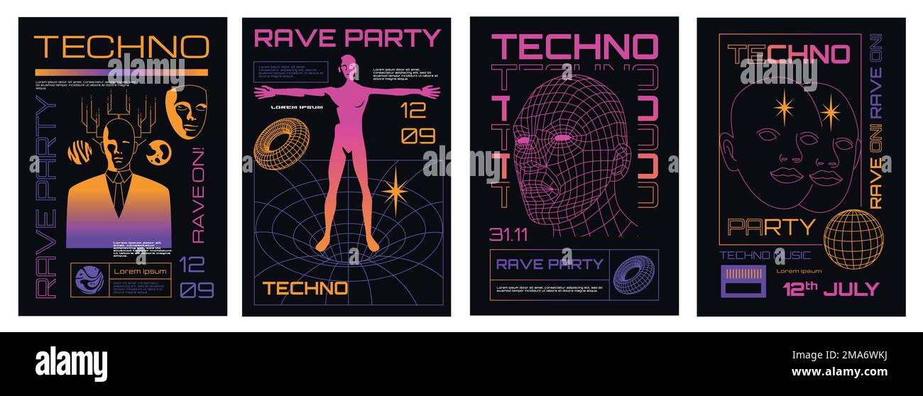 Säure-Plakate. Psychedelisches Rave Abstraktes Collage-Design mit retrofuturistischen, trügerischen, surrealen Symbolen und kreativen, flippigen, groovy Vorlagen im 70s-Stil. Vektor Stock Vektor