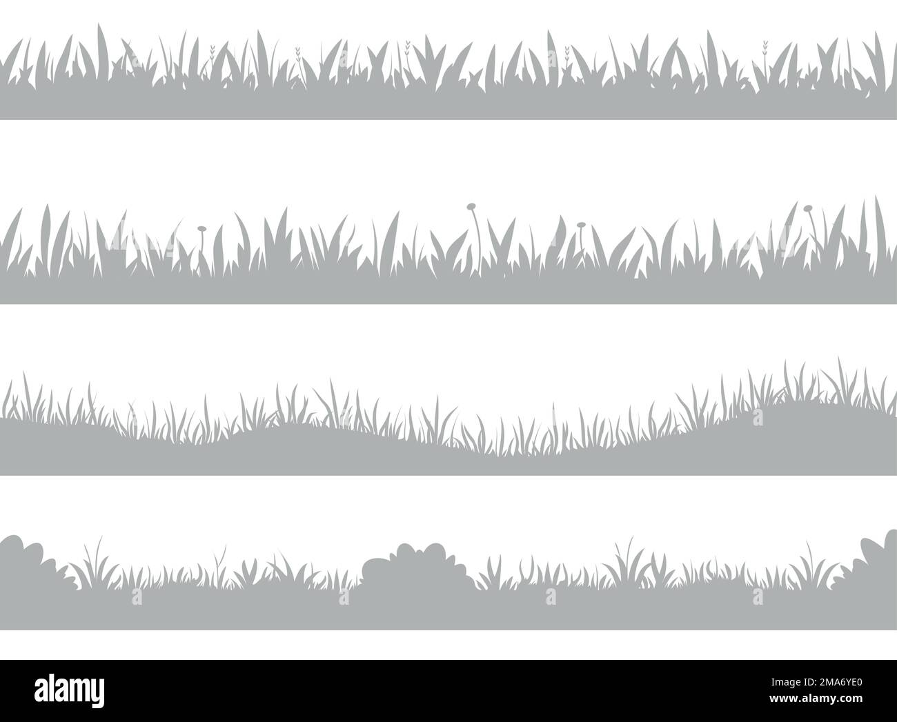 Grassilhouette. Horizontale Banner mit Wiesenrand, Rasenlandschaft mit einfarbigen Elementen, Naturblütenpanorama. Vektorsatz Stock Vektor