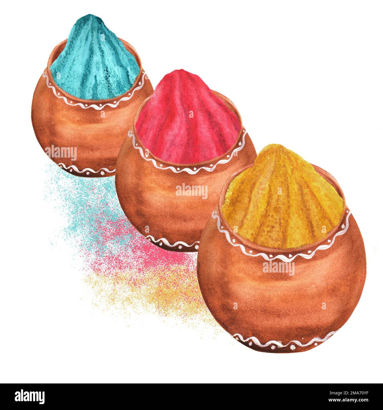 Drei handgezeichnete Aquarelltöpfe mit buntem Pulver: Gelb, blau, magenta. Ein Teil der großen Holi-Illustrationen Stockfoto