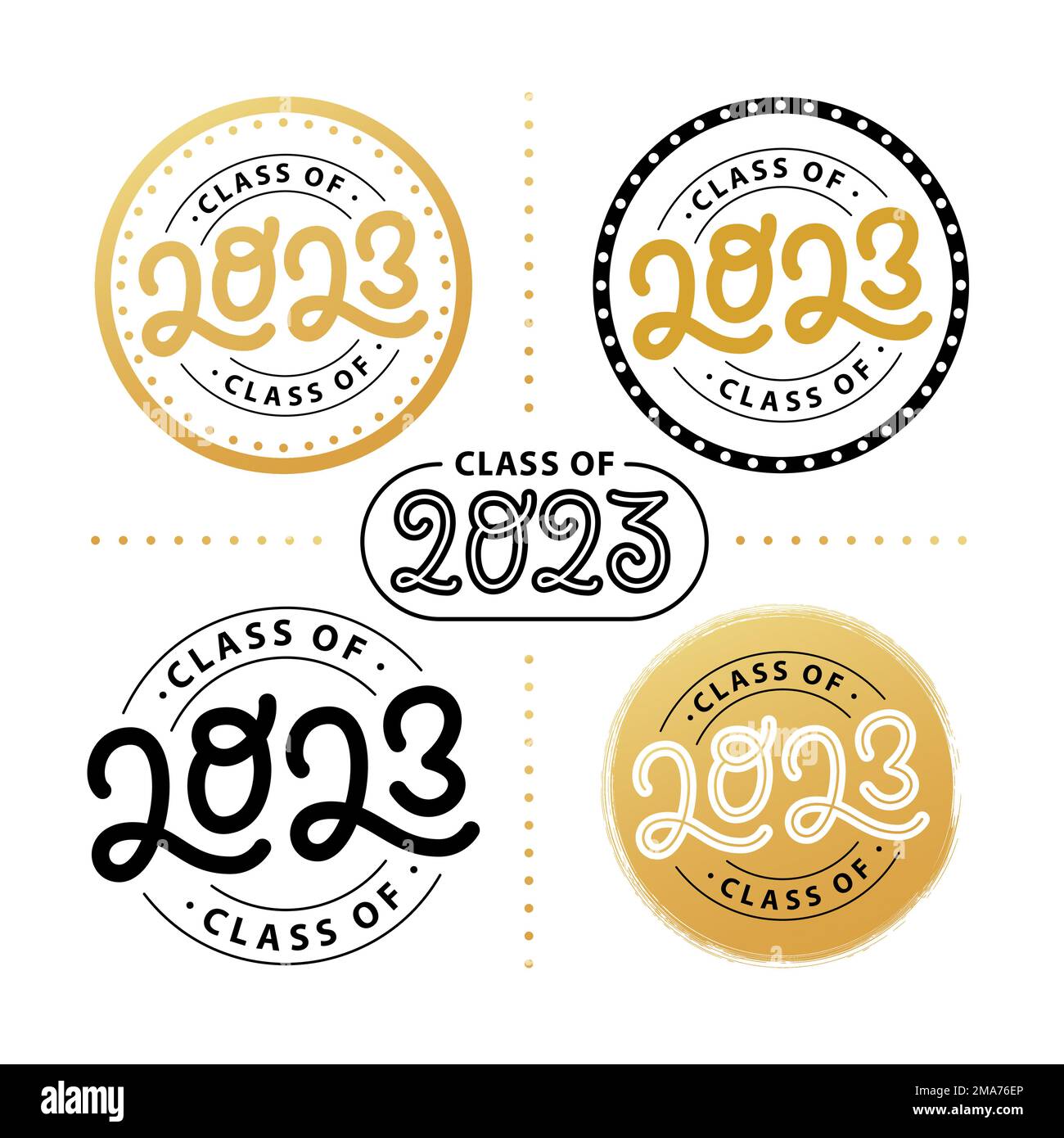Graduate 2023 Set. Klasse von 2023. Beschriftung Logo-Stempel. Design-Jahrbuch für Hochschulabsolventen. Vektordarstellung. Stock Vektor
