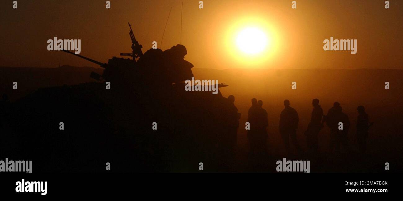 MARINES des US Marine Corps (USMC), 2. Zug (PLT), Bravo Company (B CO), 1. Leichte gepanzerte Aufklärungseinheit (LAR), Bataillon-Landing-Team (BLT), 2. Bataillon/1. Marines, (2/1) angeschlossen an die 13. Marine-Expeditionstruppe (Sondereinsatzfähig) (MEU(SOC)), Nach einem Tag der Patrouillen in der Nähe von Ar Rutbah, Irak, während der Operation IRAQI FREEDOM vor einem leichten gepanzerten Fahrzeug-25 (LAV-25) stehen. Basis: AR Rutbah Staat: Al Anbar Land: Irak (IRQ) Stockfoto