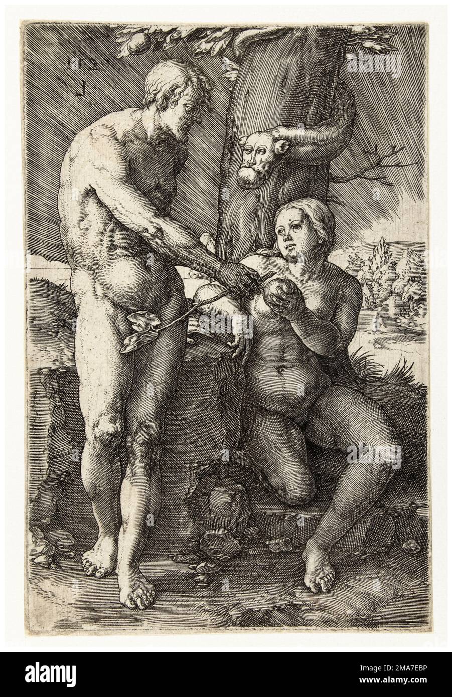 Lucas van Leyden, der Fall, Eve übergibt den Apfel an Adam (Adam und Eve), eingraviert in Copperplate, 1529 Stockfoto