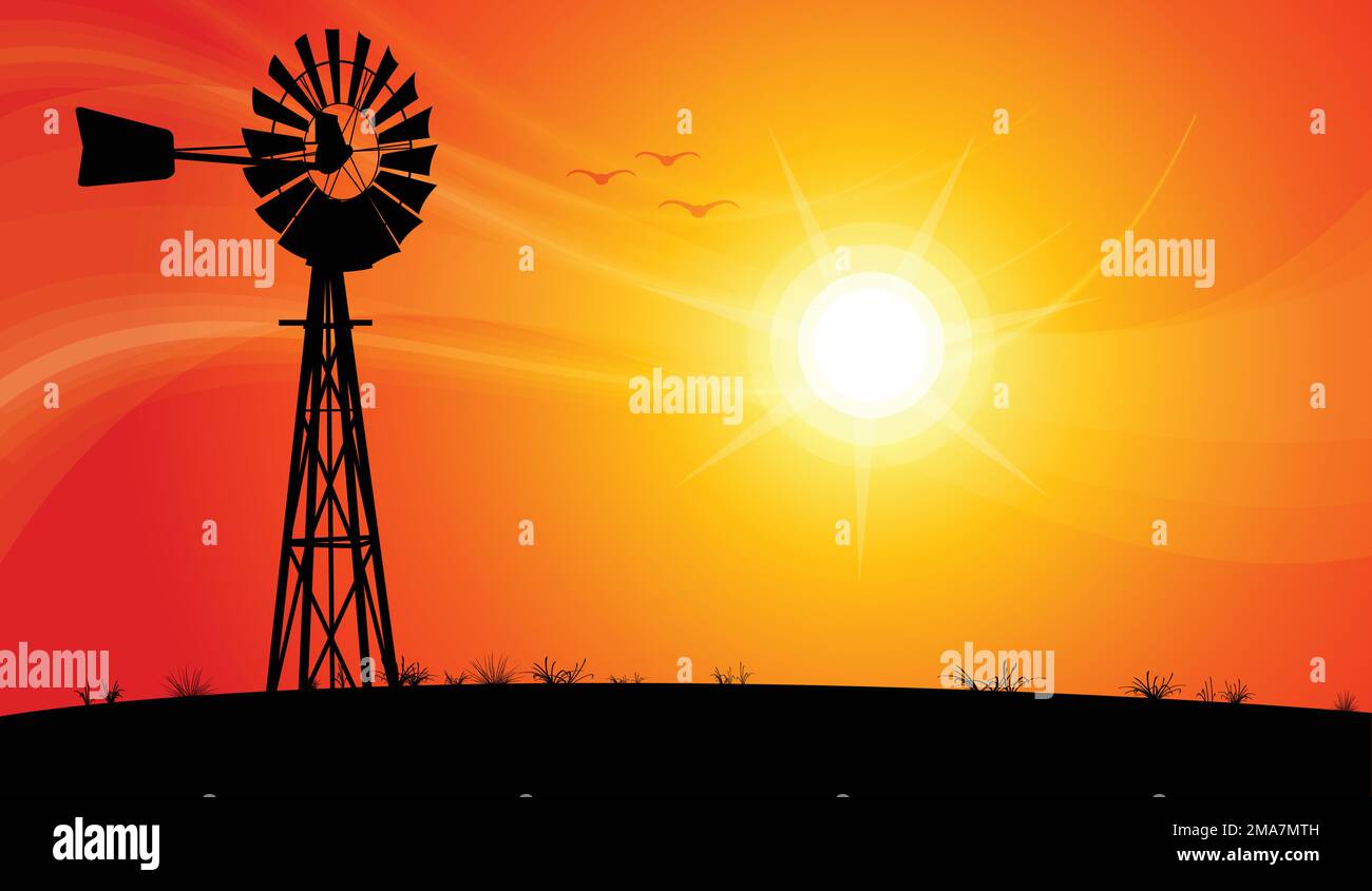 vektordarstellung der australischen Windpumpe mit Metallwindmühle vor orangefarbenem Sonnenuntergang im Hintergrund Stock Vektor