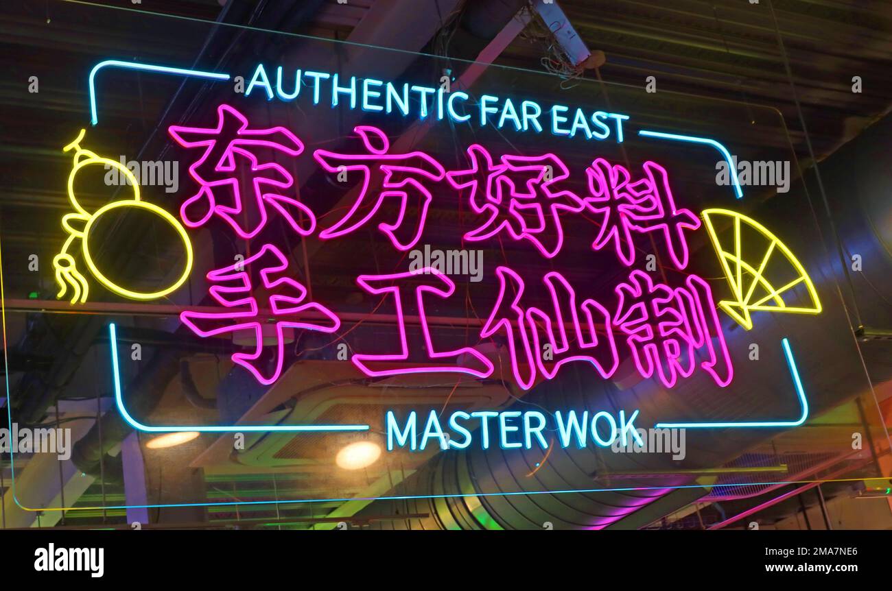 Food Market Neon, 85-97 Renshaw Street, Liverpool, Merseyside, England, UK, L1 2SP - Speisesaal mit asiatischem Thema Stockfoto