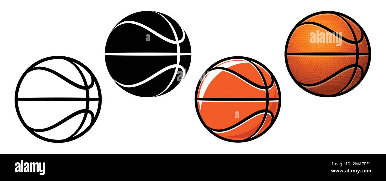 Einfacher Klassiker verschiedene Basketbälle Basketbälle Set mit 4 Silhouettensymbolsymbolvektor isoliert auf weißem Hintergrund Stock Vektor