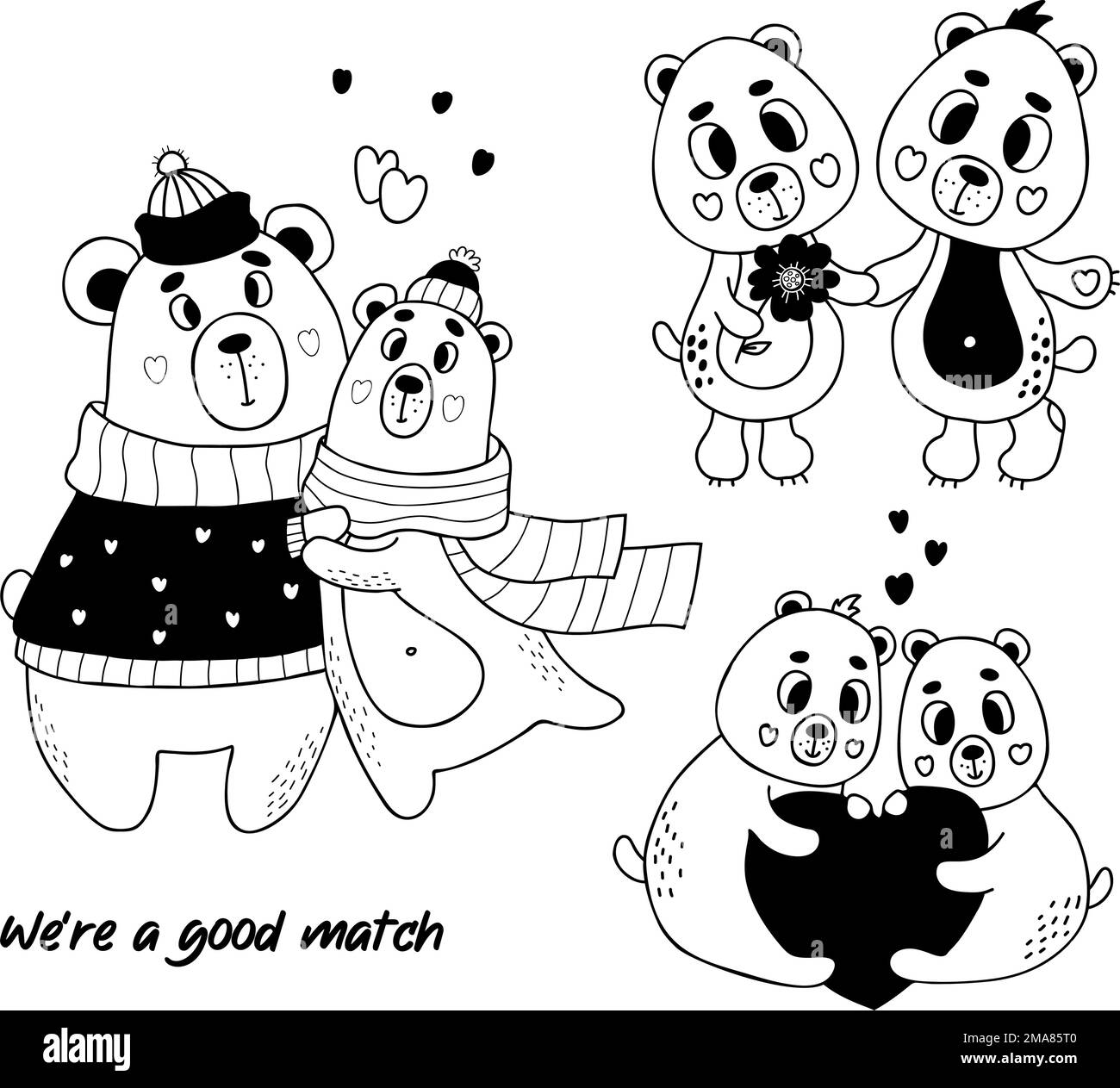 Süße, verliebte Bären. Ein Paar Bären aus der Kollektion umarmt sich in romantischer Winterkleidung und paart Tiere mit Blumen und Herz. Vektordarstellung in Doodle s Stock Vektor