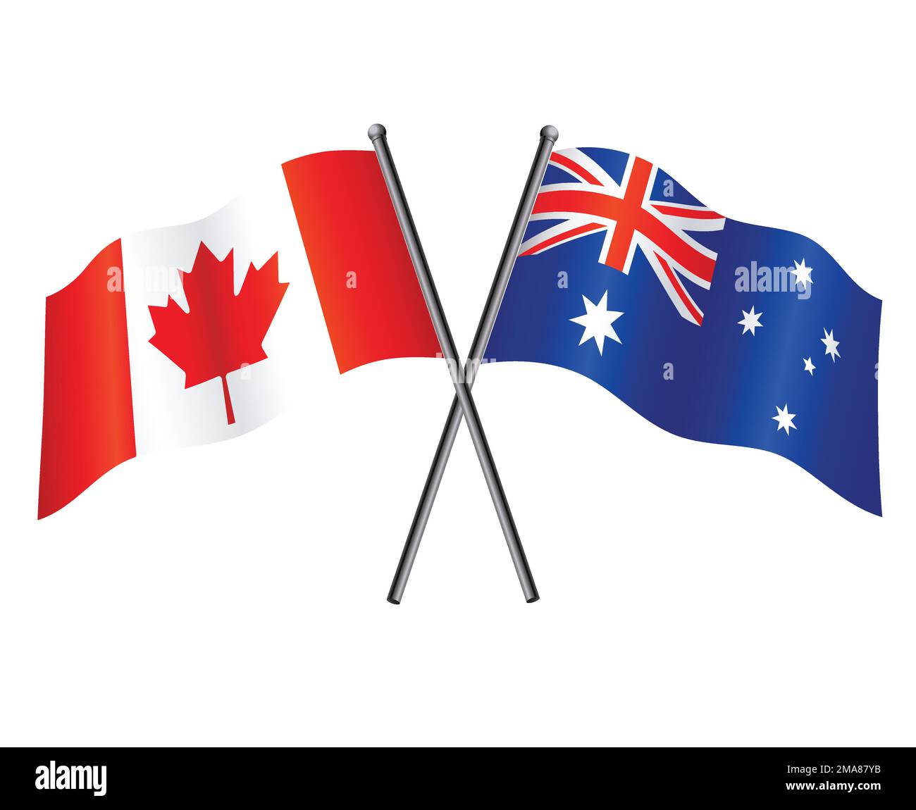 kanadische und australische Flaggen im Beziehungsbündnis oder gegen gekreuzten Vektor isoliert auf weißem Hintergrund Stock Vektor