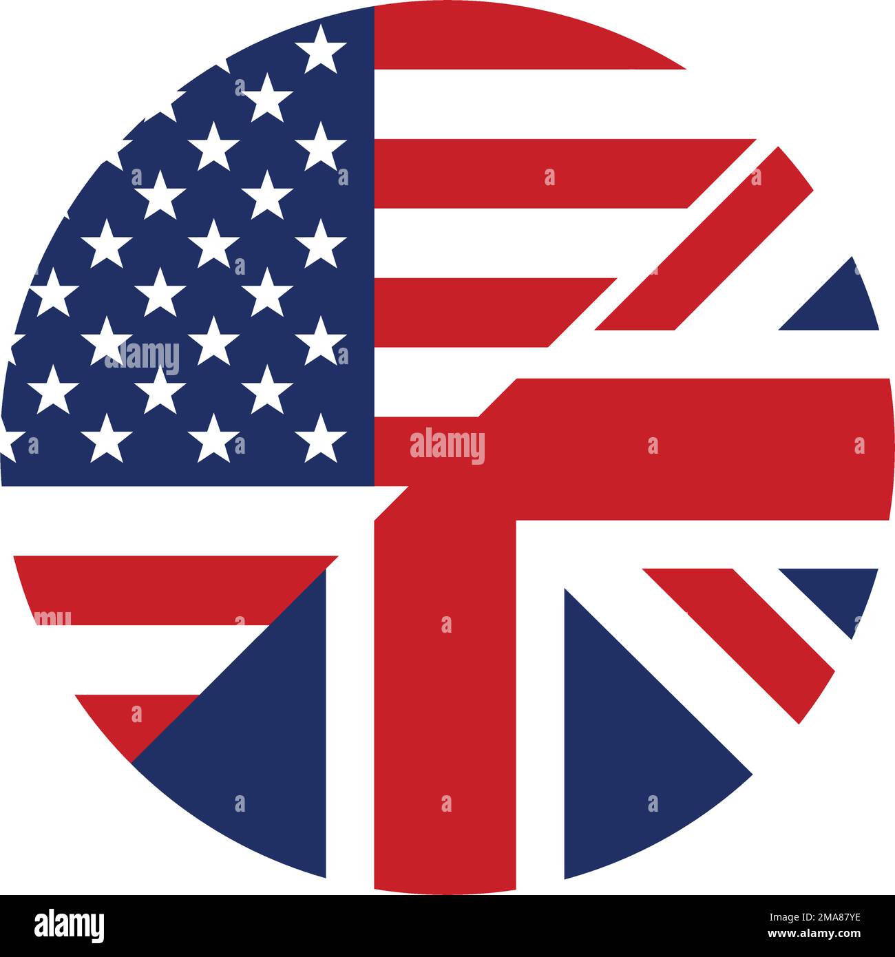 USA- und UK-Flaggen kombiniert diagonales englisches Symbol Kreisvektor isoliert auf weißem Hintergrund Stock Vektor