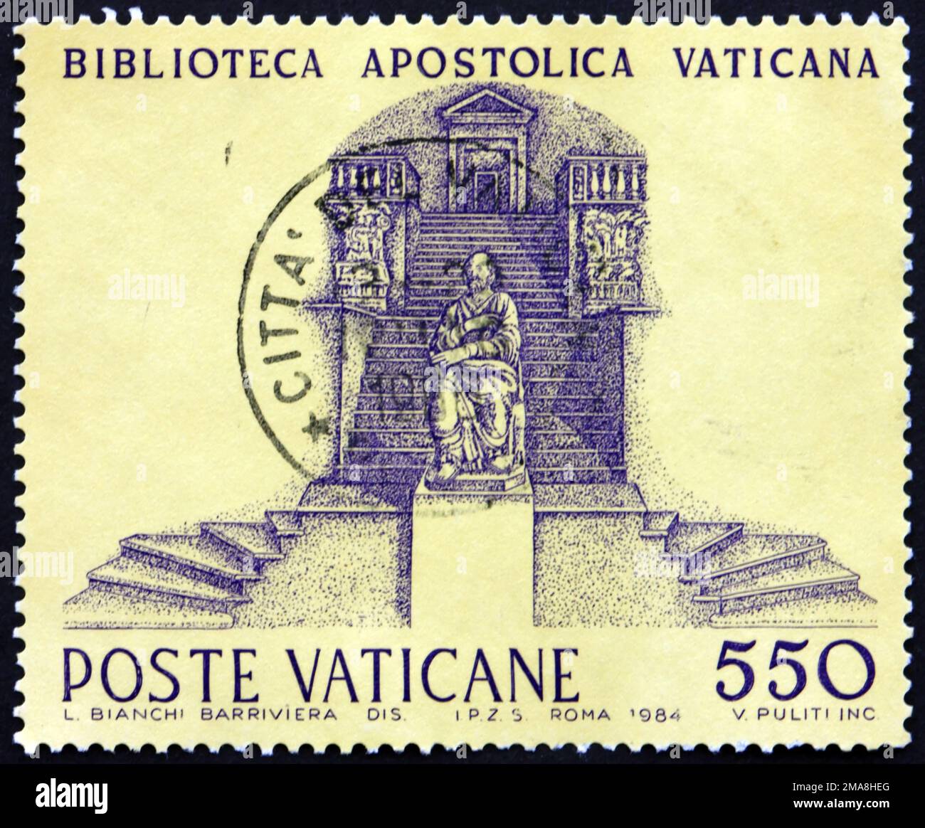 VATIKAN - CA. 1984: Ein im Vatikan gedruckter Stempel zeigt die apostolische Bibliothek, die apostolische Bibliothek des Vatikans, ca. 1984 Stockfoto