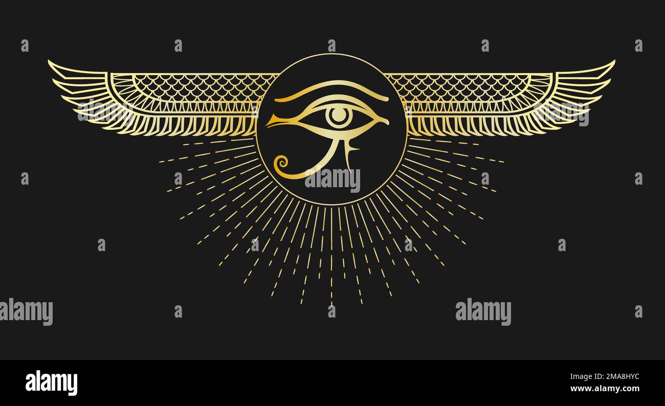 Goldenes Emblem des alten ägyptischen Symbols Auge des Horus isoliert auf schwarzem Hintergrund. Vektordarstellung. Stock Vektor