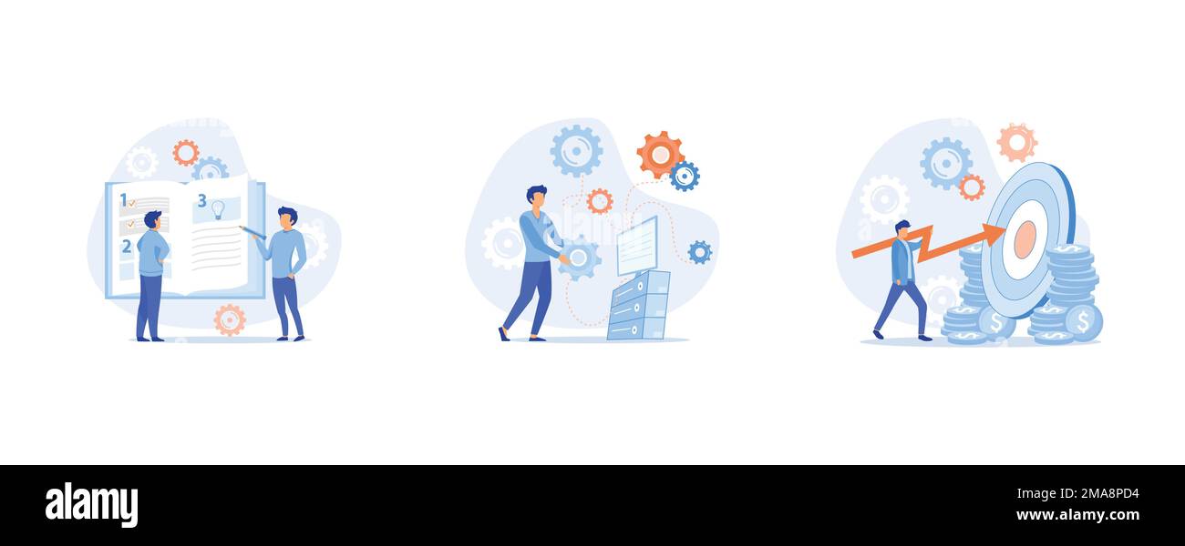 Strategische Geschäftsplanung, Automatisierungsprozess. Unternehmensziele, Regeln, Vision Statement, Wettbewerbsinformation, Ziele, Maßnahmen-Startup-Plan, Marke Stock Vektor