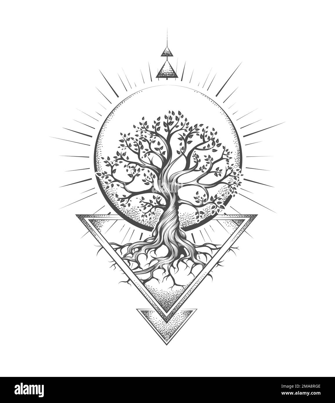 Tattoo des Baumes des Lebens und Esoterik der Heiligen Geometrie isoliert auf weißem Hintergrund. Vektordarstellung. Stock Vektor