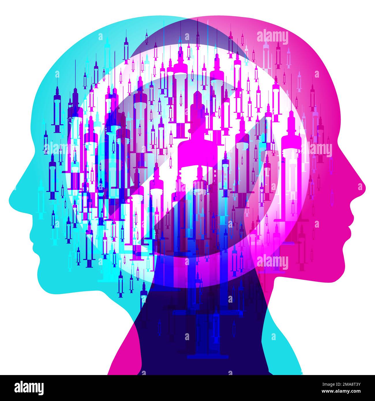 2 von hinten nach hinten verlaufende Silhouetten mit halbtransparenten Spritzen unterschiedlicher Größe. Ein transparentes Kreissymbol „Stopp“ wird mittig platziert Stock Vektor