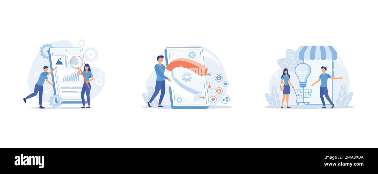 Abstraktes Konzept für die Entwicklung mobiler Anwendungen, abstraktes Konzept für das Engagement-Marketing, abstraktes Konzept für die E-Commerce-Entwicklung, flachen Vektormodus festlegen Stock Vektor