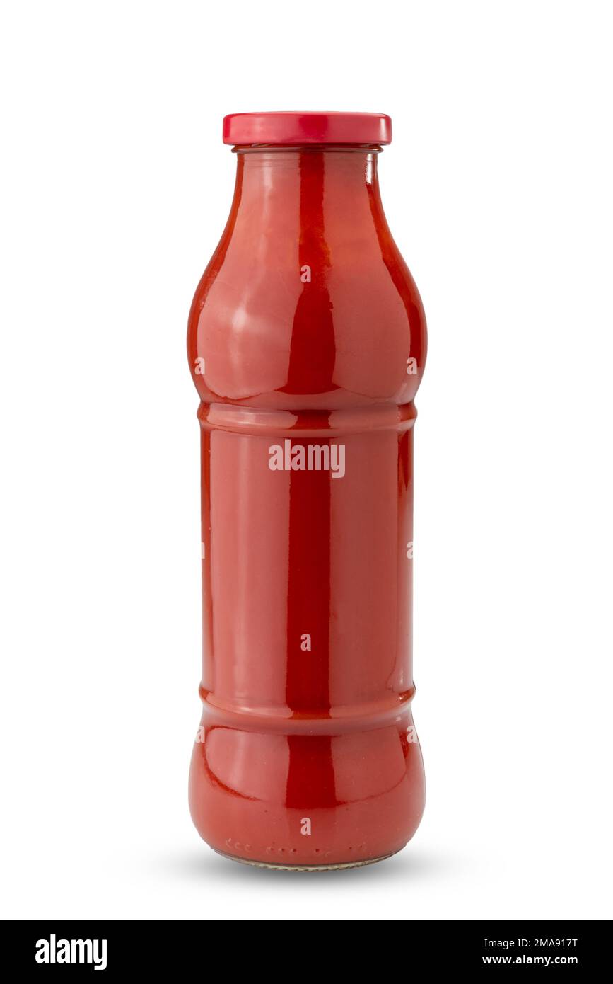 Glasflasche mit Tomatenpüree isoliert auf weißem Boden, Einsteckweg im Lieferumfang enthalten Stockfoto