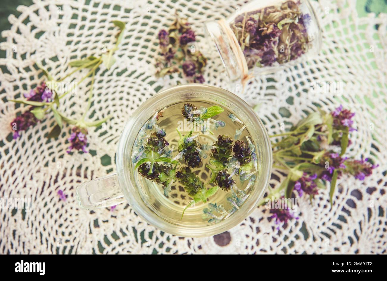 Prunella vulgaris (bekannt als gemeinsame Selbstheilung, Heilung-alle, Wundkraut, Herz-der-Erde, Zimmermannskraut, Braunwürz und blaue Locken Kräutertee mit trockenen Stockfoto