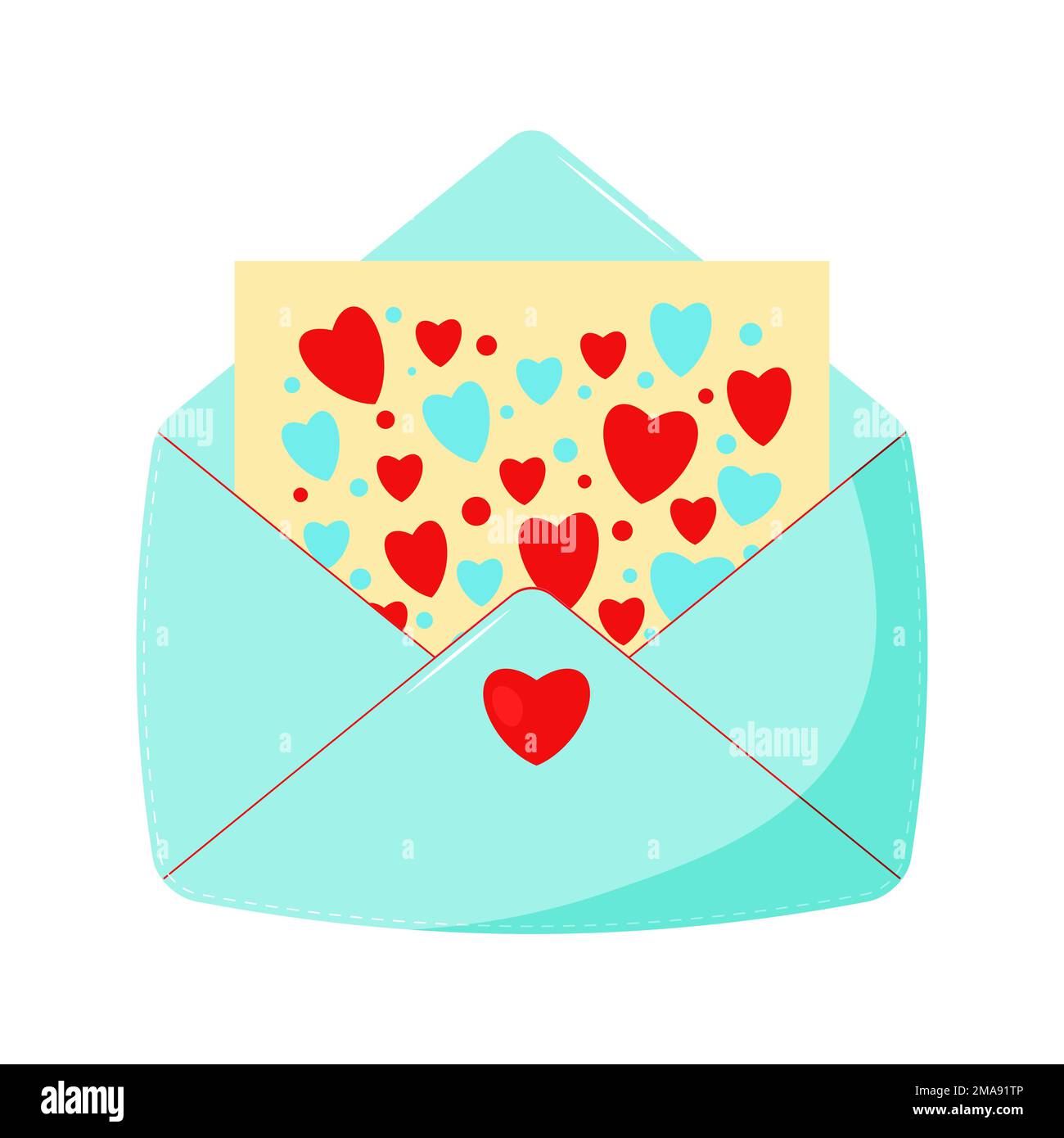 Blauer Vektorumschlag. Abbildung: Geöffneter Umschlag mit Buchstaben und Herzen. Stock Vektor