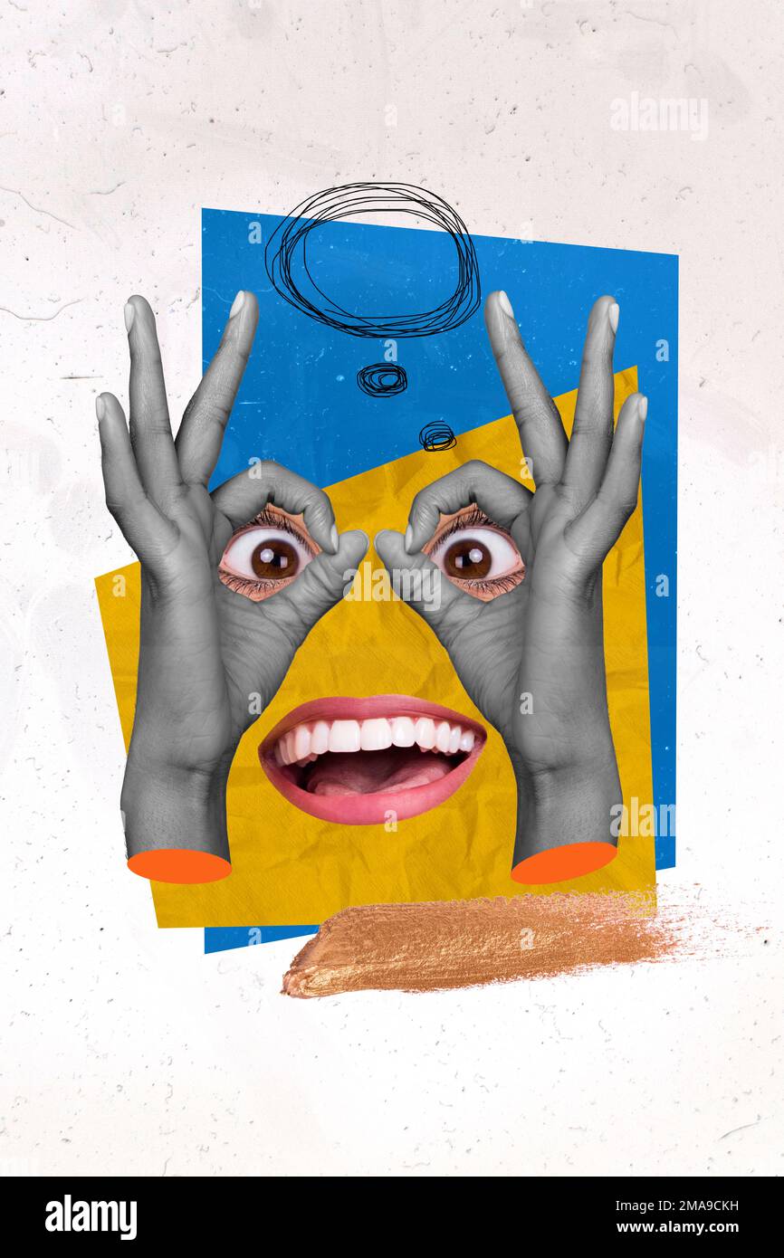 Kreative Fotokunst Collage ukraine Kriegsverbrechen Konzept Finger binokular okey Symbol Mind Chatterbox isoliert auf beigefarbenem Hintergrund Stockfoto