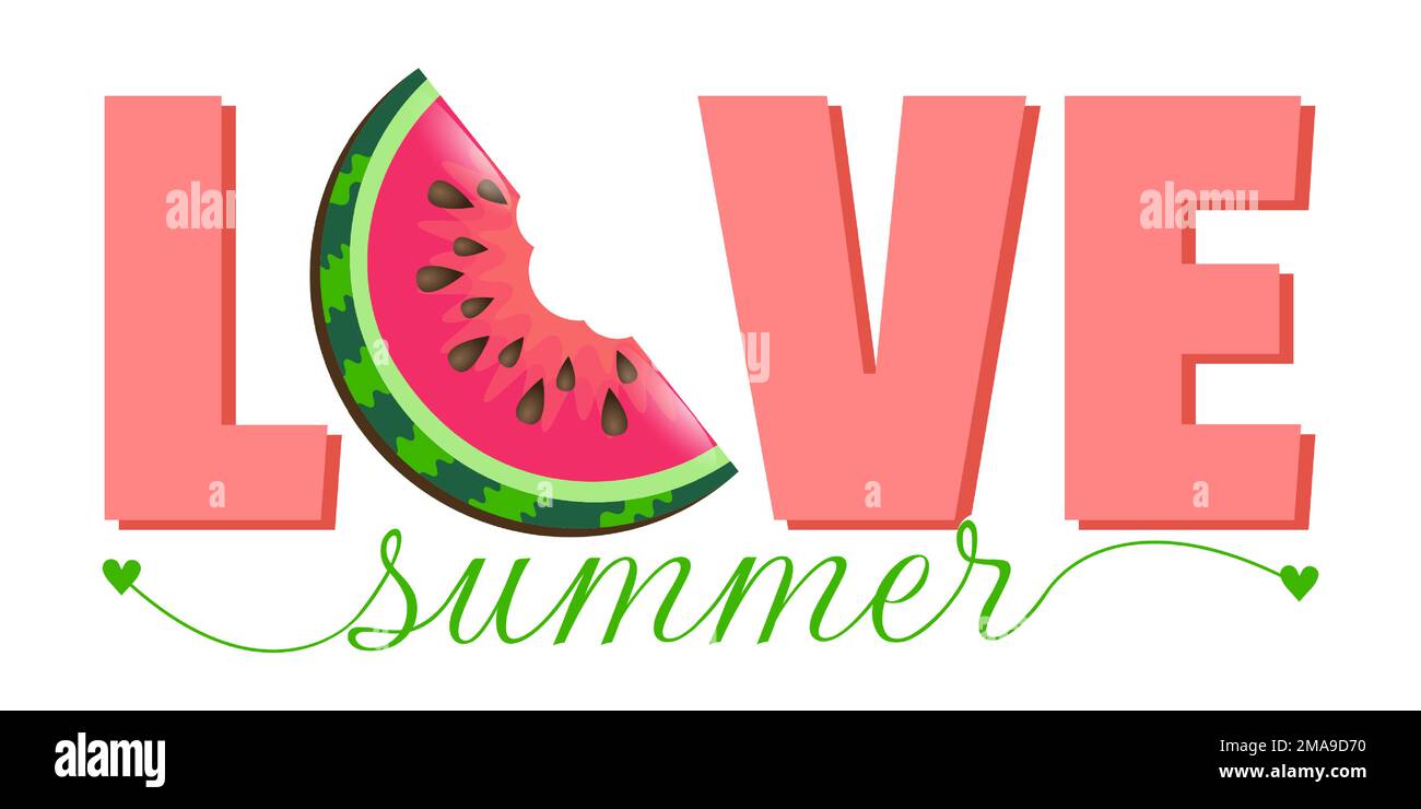 Süße Wassermelone und trendige Schrift. Sommerliche Stimmung. Stilvolles Schriftzug „Love Summer“. Design für T-Shirts, Aufkleber, Poster, Karten Stock Vektor