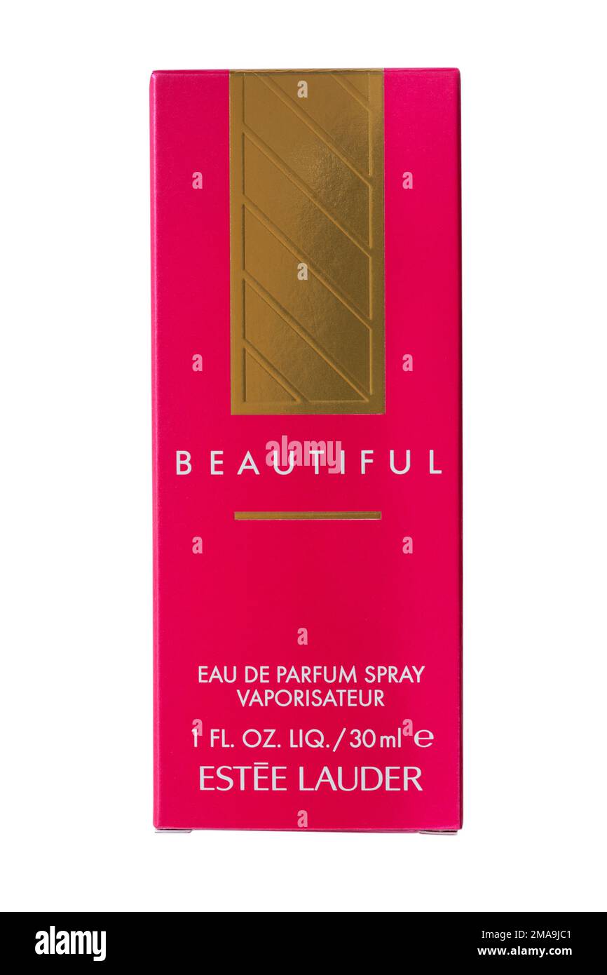 Schachtel mit wunderschönem Eau de Parfum Spray Vaporisateur von Estee Lauder isoliert auf weißem Hintergrund Stockfoto