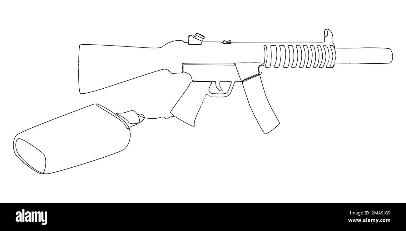 Eine durchgehende Linie Maschinenpistole, gezeichnet mit einem Bleistift. Vektorkonzept zur Darstellung dünner Linien. Kontur Zeichnen kreativer Ideen. Stock Vektor