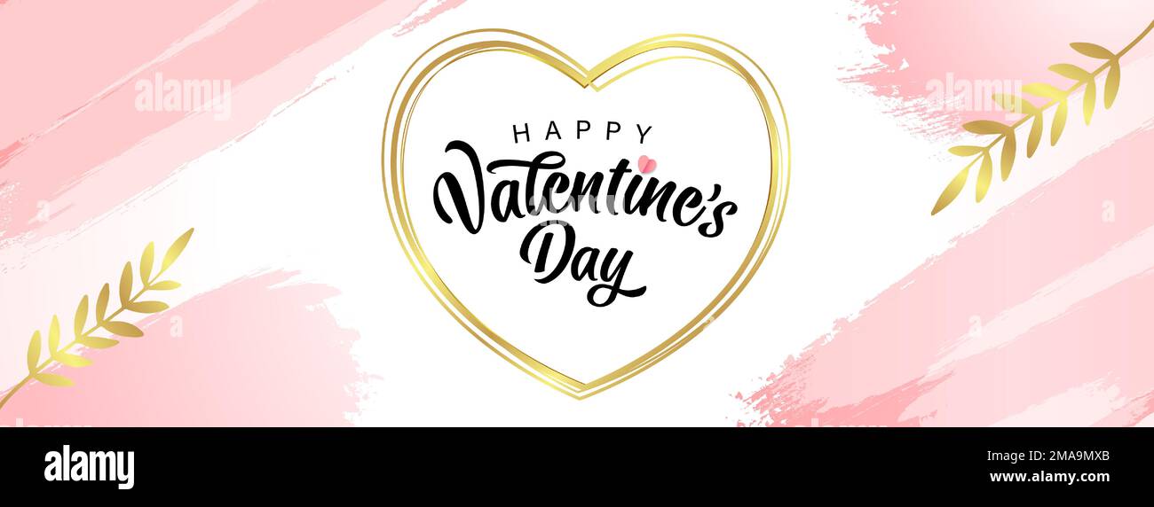 „Happy Valentine's Day“-Banner mit goldenen Herzen, Blättern und Aquarellflecken. Schriftzug zum Valentinstag und stilvoller romantischer Rahmen für Poster Stock Vektor