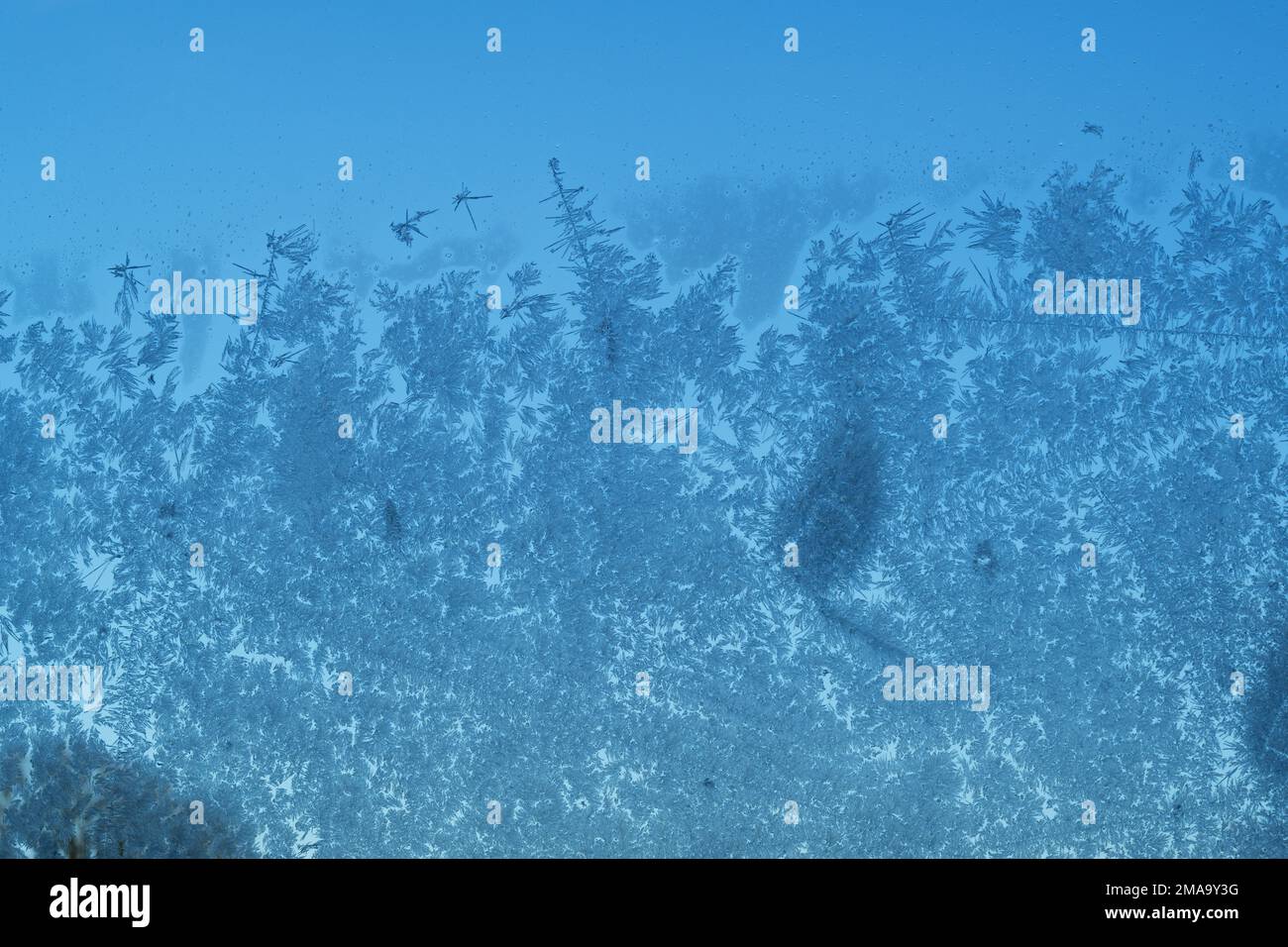 Eiskristalle auf Glas. Ein Fenster von innen mit Blick nach draußen. Stockfoto