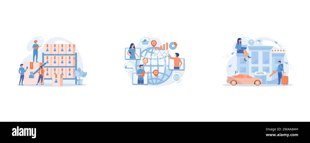 Mitarbeiter im Lager, in der Lagereinrichtung, im globalen Verteilerverkehr, im internationalen Frachtunternehmen, Geschäftsleute im Hotel nutzen alle enthaltenen Dienstleistungen, Stock Vektor