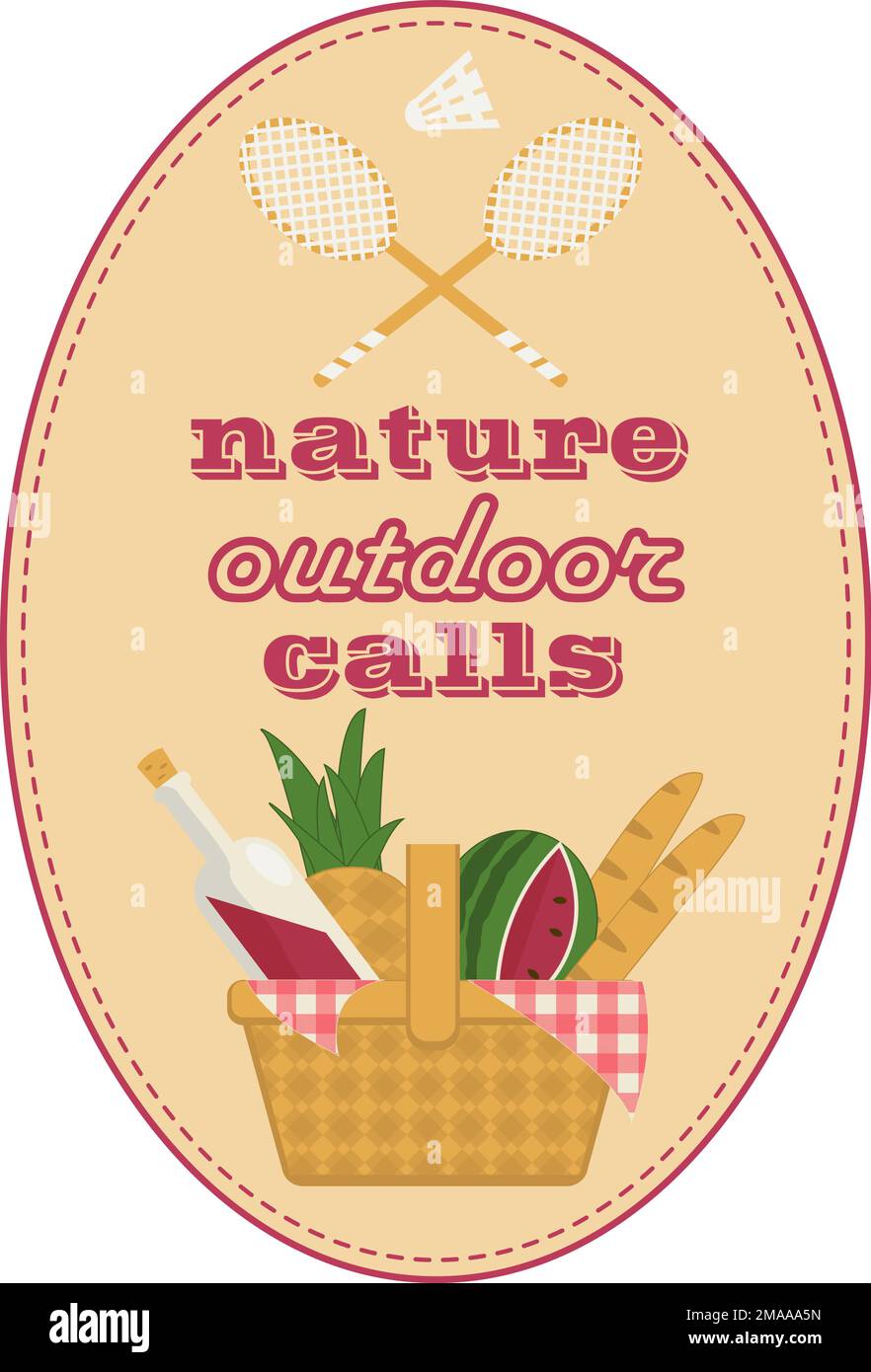 Beiges ovales, flaches Banner mit Picknickkorb und Badminton-Set Stock Vektor