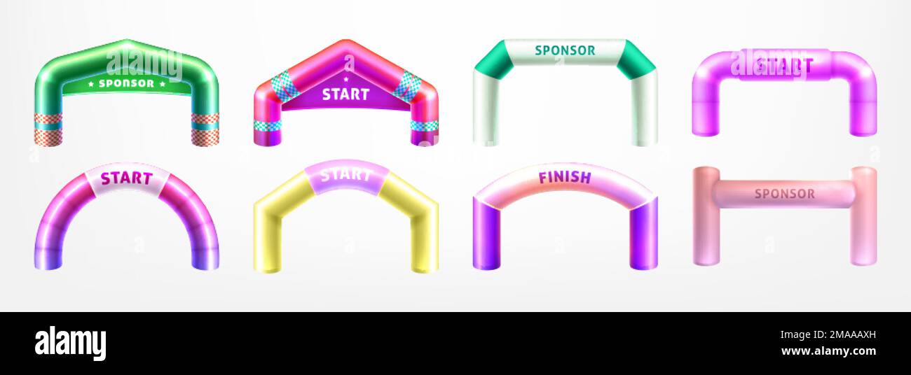 Realistische 3D farbenfrohe aufblasbare Bögen für Sportwettkämpfe. Bogengänge in verschiedenen Formen für Marathon, Rennen und Sportveranstaltungen im Freien. Beginn und Ende der Bogengänge, isoliert auf weißem Hintergrund. Stock Vektor