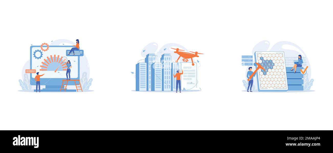 Winzige Geschäftsleute schauen auf Produktleistungsindikatoren, Geschäftsmann mit Drohne liest Dokumente mit Vorschriften, winzige Leute, Wissenschaftler am Tisch Stock Vektor