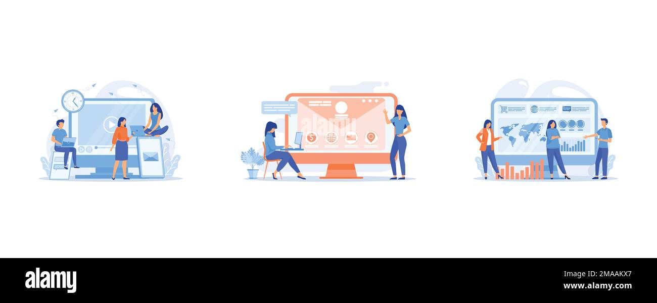 Winzige Geschäftsleute, die auf digitalen Geräten auf Bildschirmen und auf der Uhr zuschauen, Webentwickler, die auf der Website des Unternehmens arbeiten, winzige Menschen, winzige Geschäftsleute bauen Stock Vektor