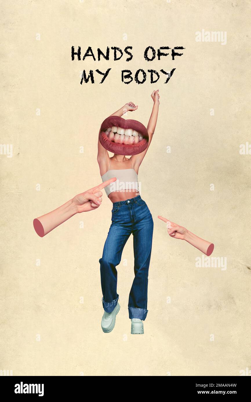 Feminismus-Demonstration digitale Plakat-Collage einer seltsamen Frau mit wütendem Grinsen Mund Protest Verletzung der Frauenrechte Stockfoto