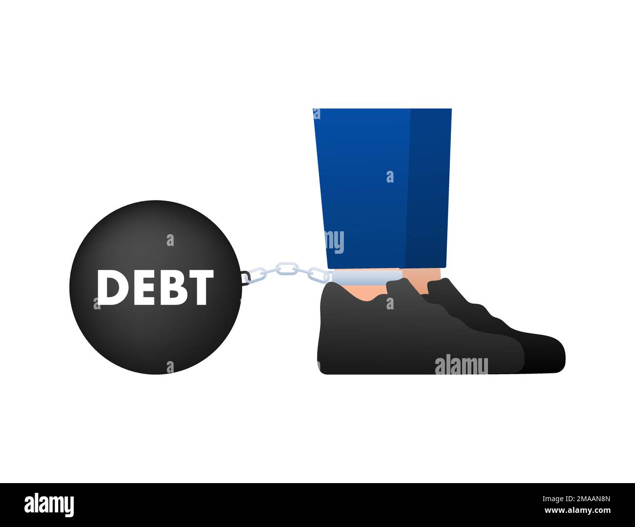 Schulden, Geschäftsmann, angekettet mit einer großen Metallkugel. Darstellung des Vektormaterials. Stock Vektor