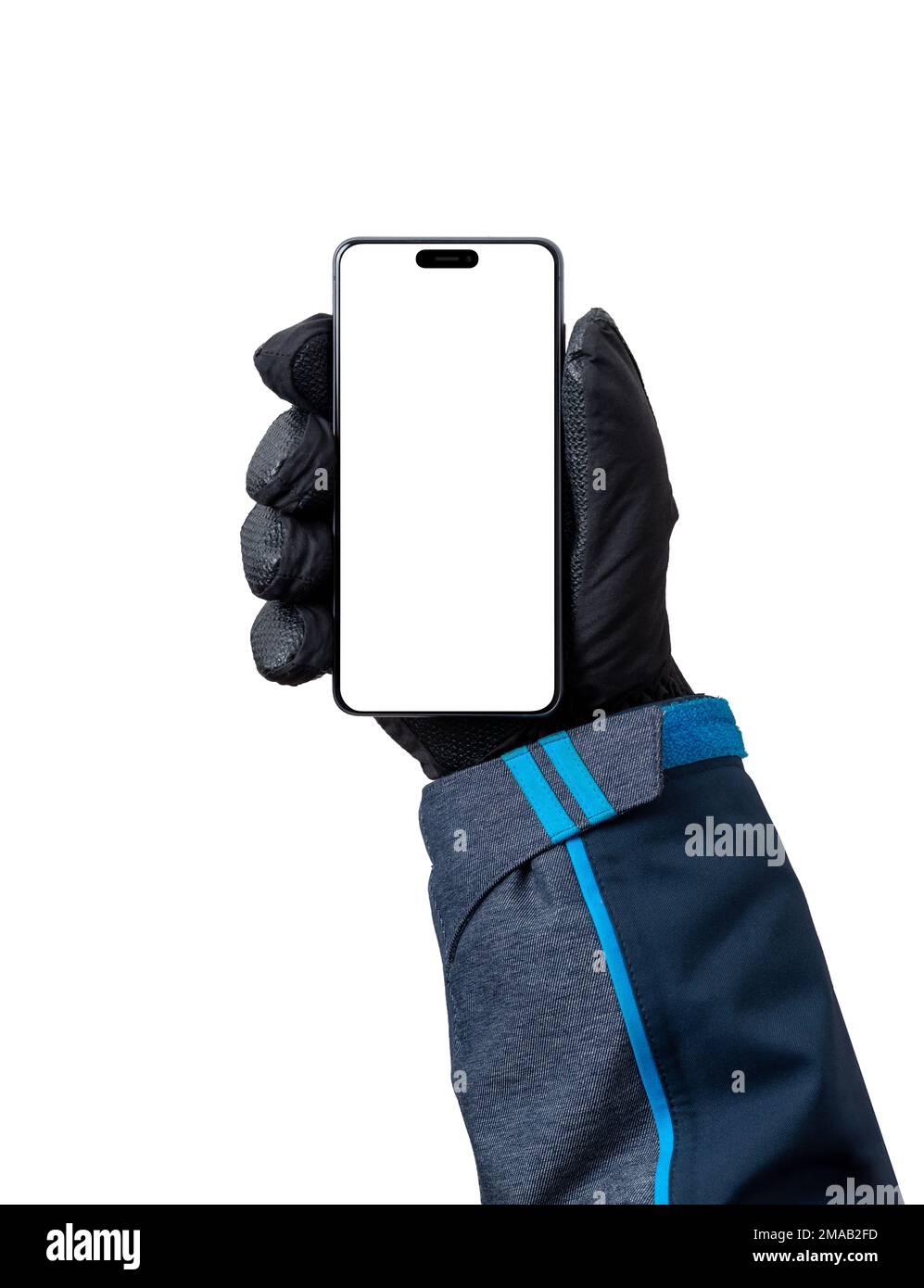 Telefonmodell in Männerhand mit Handschuh. Isolierte Anzeige für Ski-App-Werbung Stockfoto