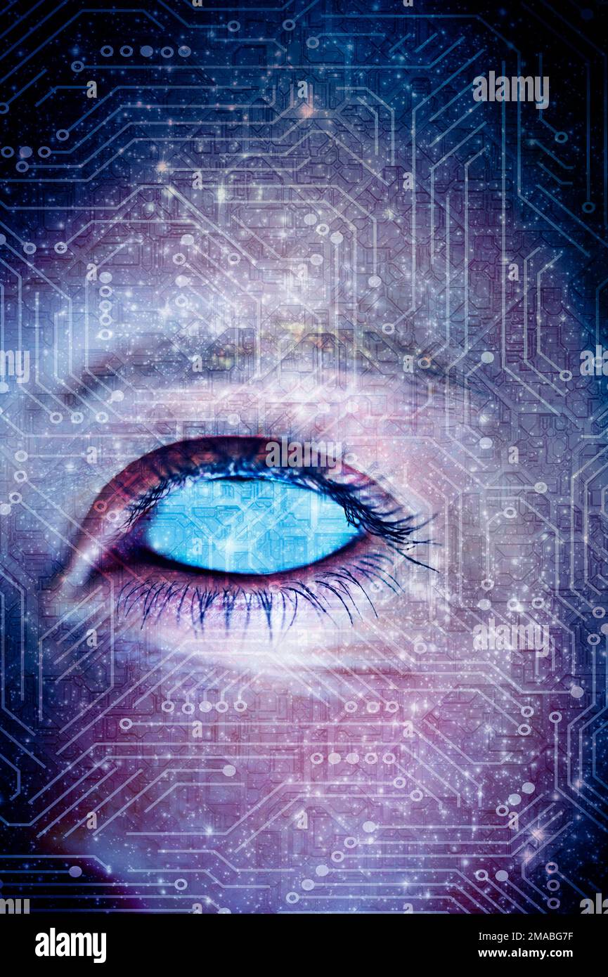 Weibliches Gesicht ohne Augapfel und mit einem Composite-Technologie-Hintergrund Stockfoto