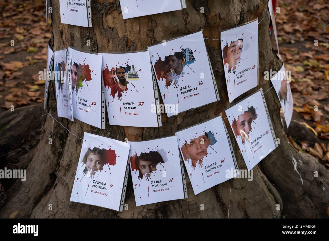 05.11.2022, Deutschland, Berlin - Fotos von Opfern des iranischen Regimes hängen an einem Baum während der Demonstration am Werderscher Markt in der Mitte Stockfoto