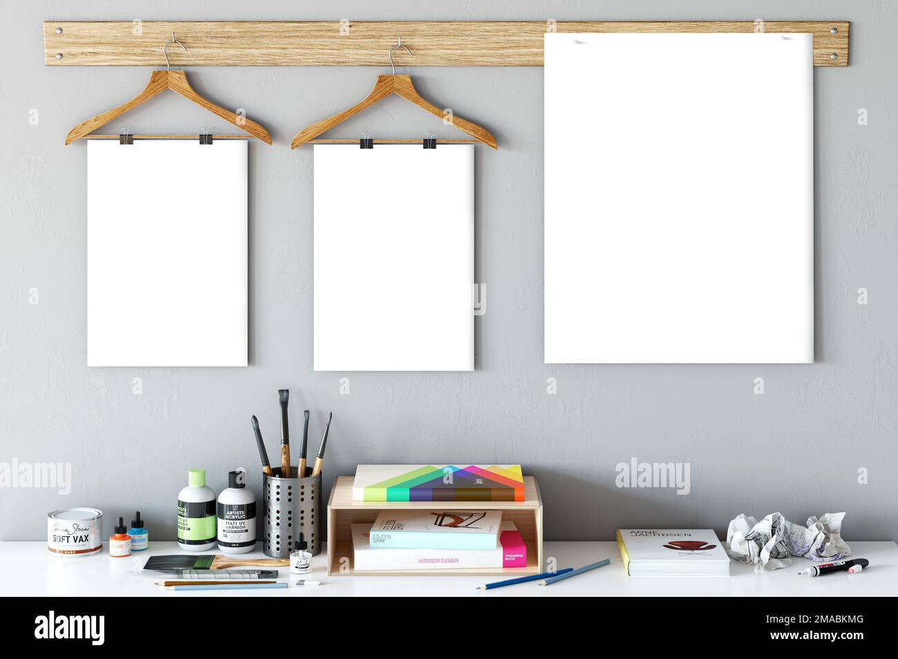 Modell des weißen Papiers in Rahmen mit Hintergrund Stockfoto