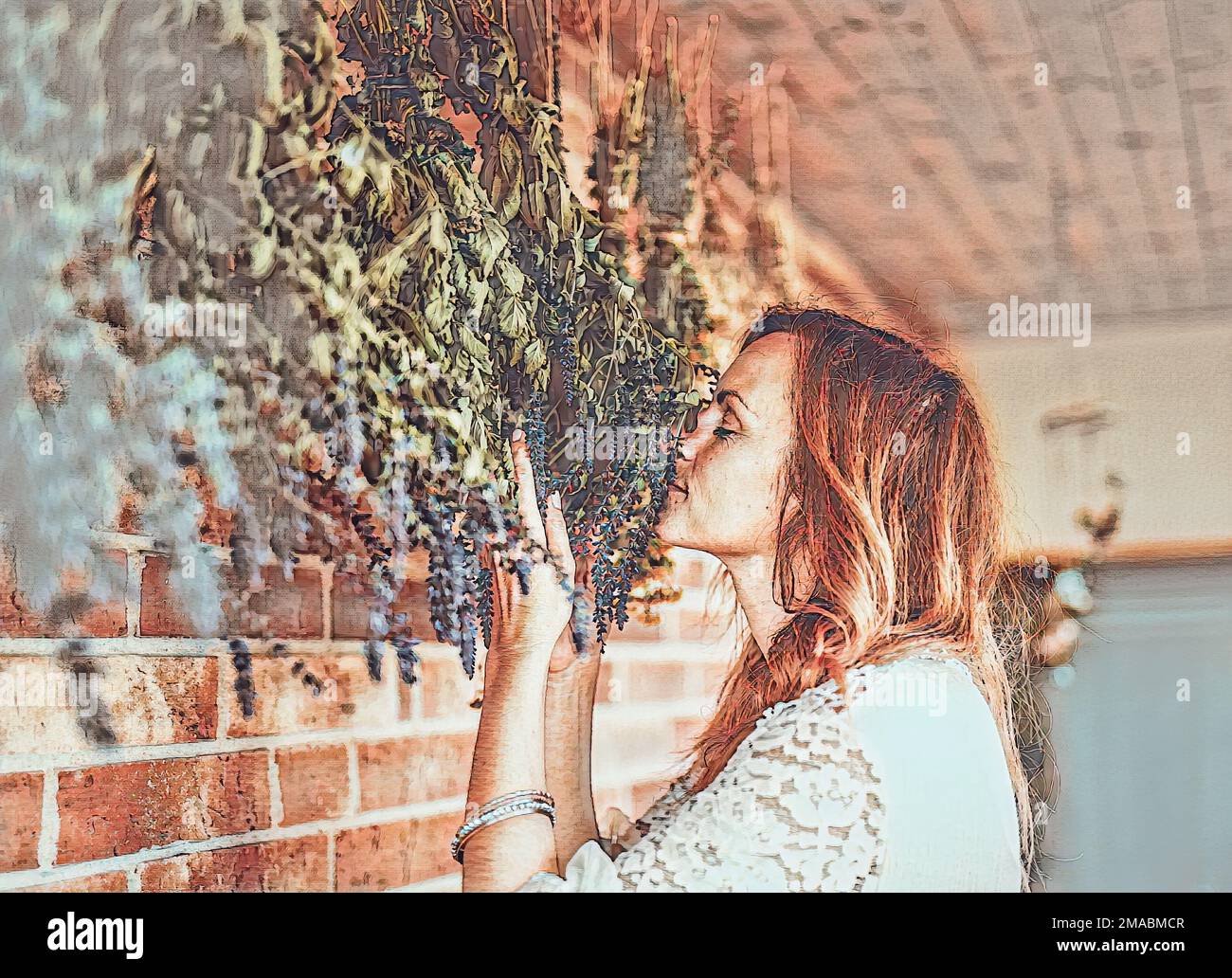 Frische Kräuter trocknen und hängen an der Wand. Magie. Maleffekt. Stockfoto