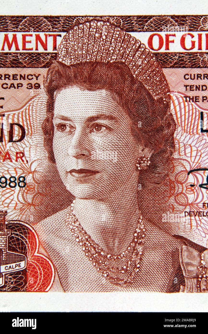 Königin Elizabeth das zweite Porträt auf der Gibraltar-Banknote Stockfoto