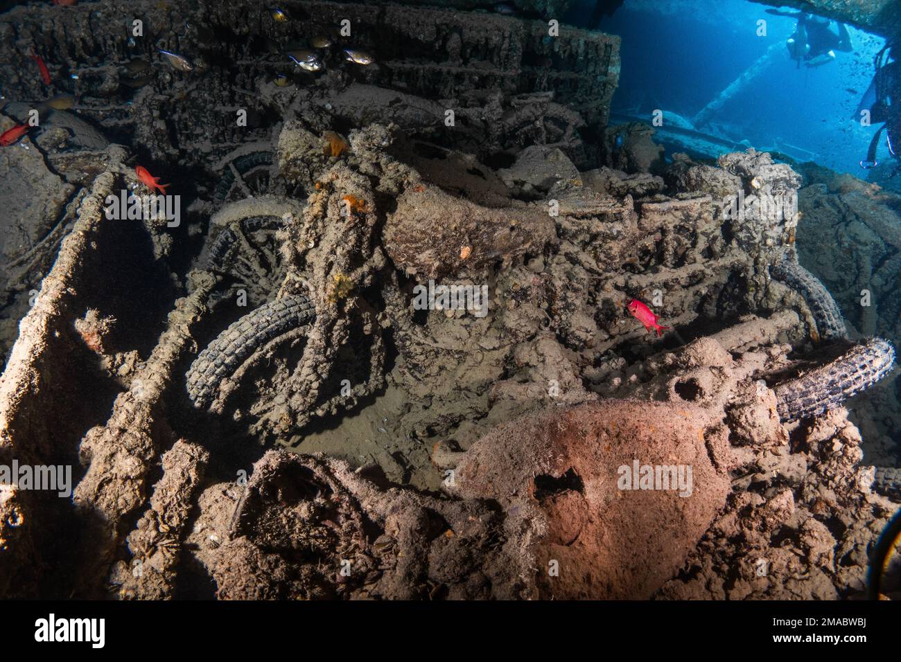 Thistlegorm Norton 16H und BSA Motorräder, in der Frachthalle, einige liegen in Bedford Trucks zurück, das Rote Meer Ägypten ist das beste Wrack der Welt Stockfoto