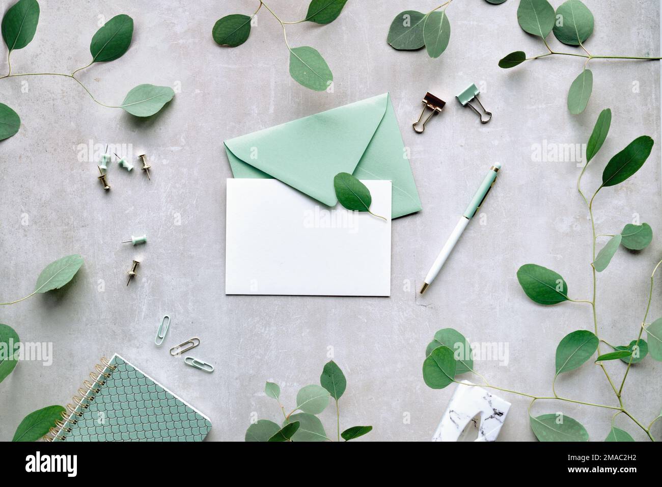 Mintgrüner Briefumschlag, weiße Karte, Stift und Büropapier. Eukalyptuszweige auf Stein, Blick von oben. Zarter grüner Silberdollar Eukalyptus Stockfoto