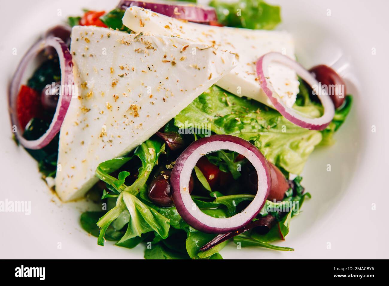 Nahaufnahme einer Salatplatte mit Ziegenkäse, Rucola, roten Zwiebeln und roten Oliven. Stockfoto