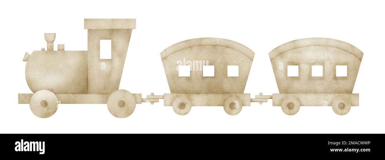 Baby-Spielzeugzug. Handgezeichnete Aquarell-Abbildung des Fahrzeugs für Little Boy. Holztransport auf abgelegenem Hintergrund für Partygrußkarten oder Einladung. Zeichnung einer Lokomotive für Freizeitspiele. Stockfoto