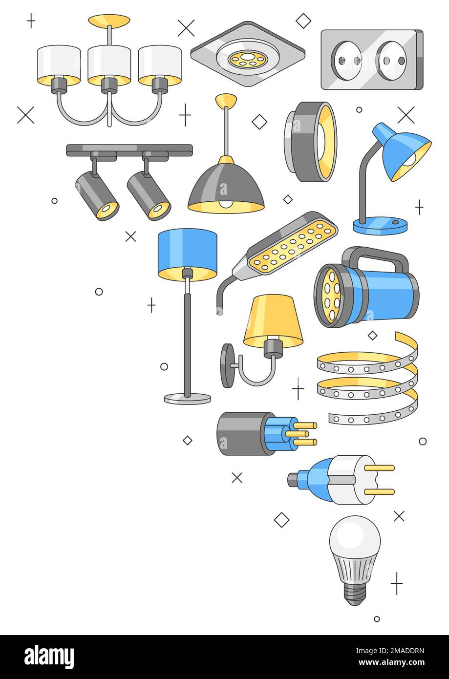 Hintergrund mit elektrischen Leuchten und Lampen. Elektrische Ausrüstung. Industrie- oder Geschäftsdesign. Stock Vektor