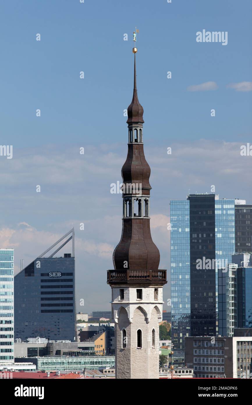 Estland, Tallinn, Rathausturm mit modernen Gebäuden im Hintergrund. Alte und neue Kontraste. Stockfoto